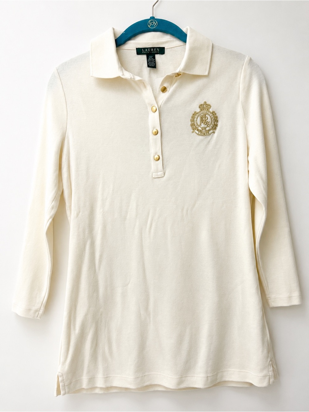Lauren Ralph Lauren Cream 3/4 Sleeve Polo Gold Crest Buttons S/P NWT As is